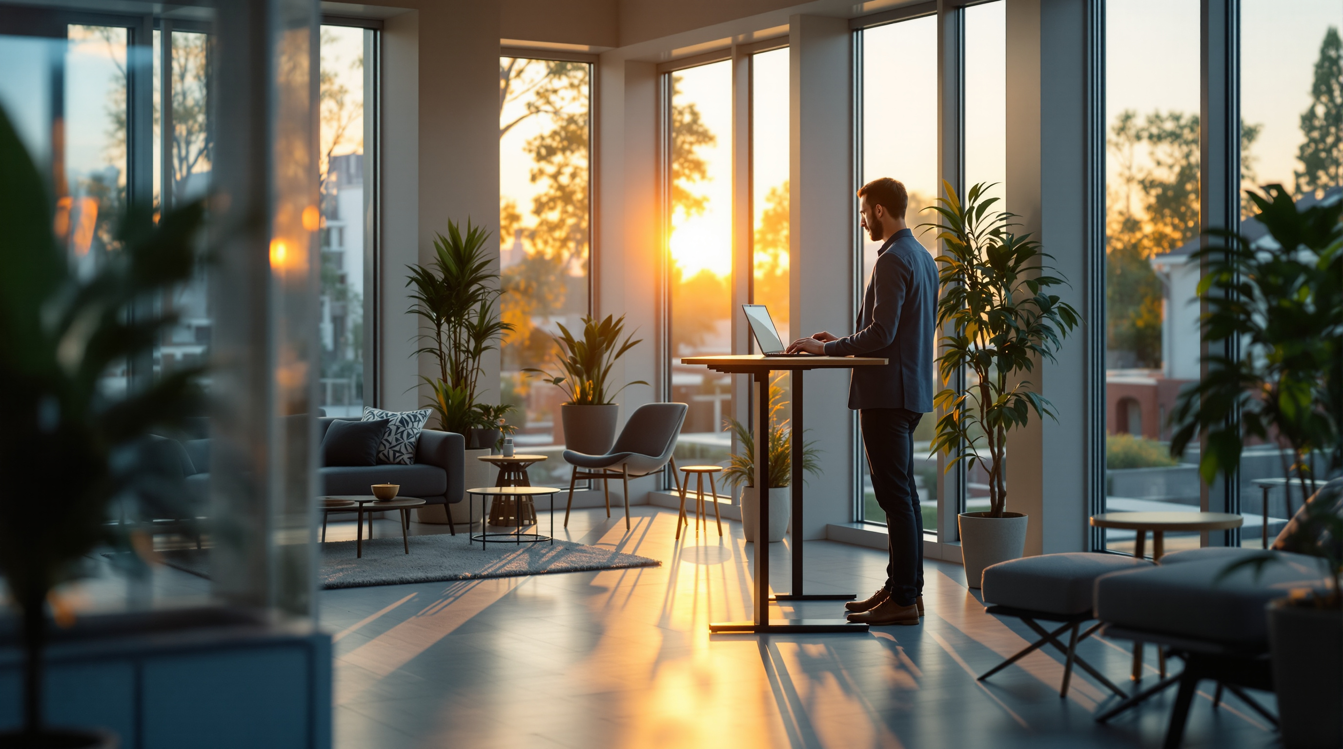 A focused professional working calmly at a sunlit standing desk in a modern office