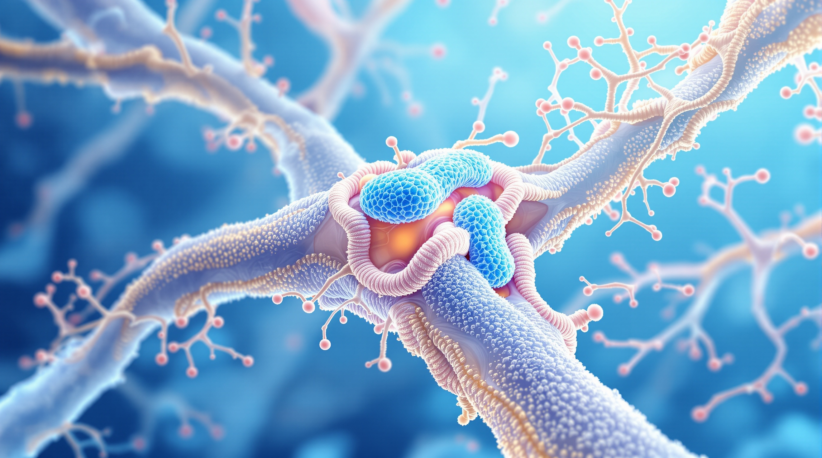 Anatomical illustration of healthy tendons and connective tissue on a cool blue background