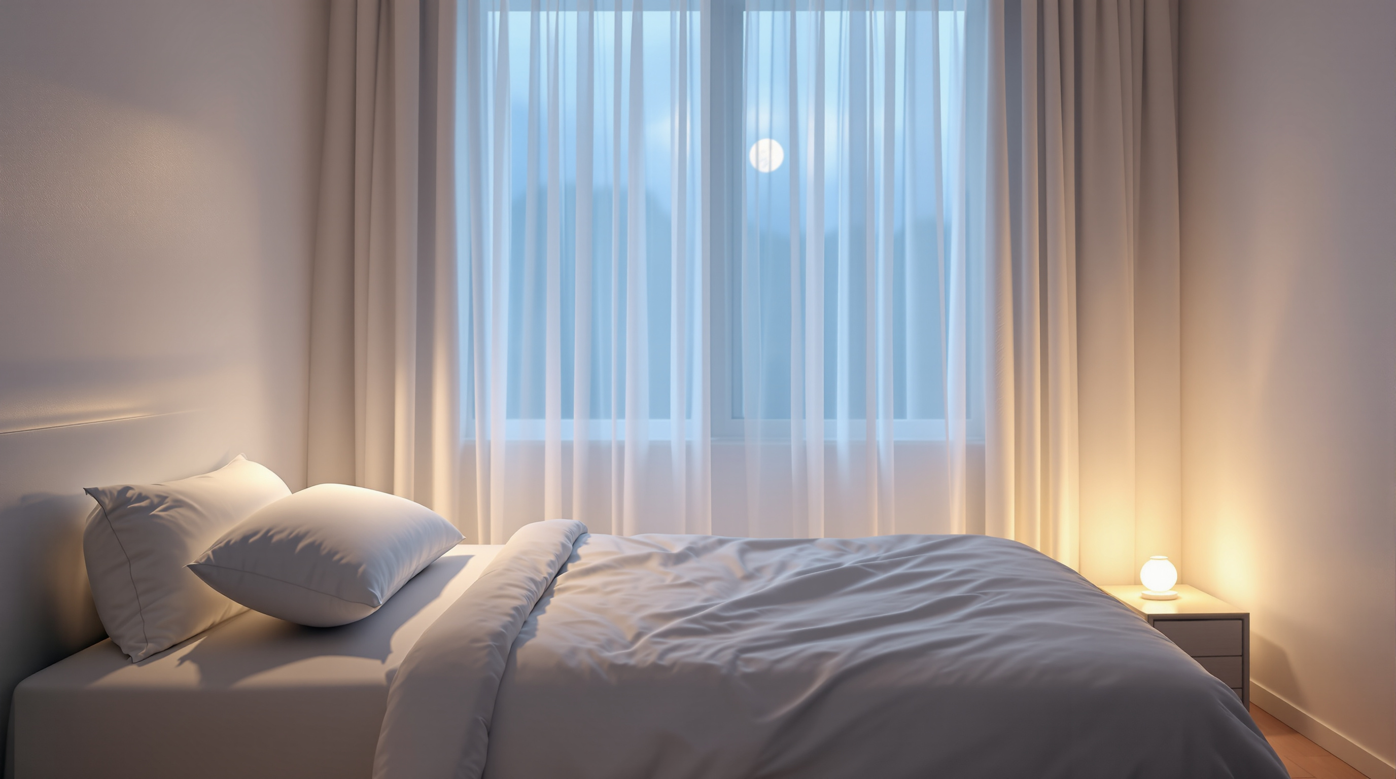 A serene minimalist bedroom at night with soft moonlight, evoking restful sleep and recovery