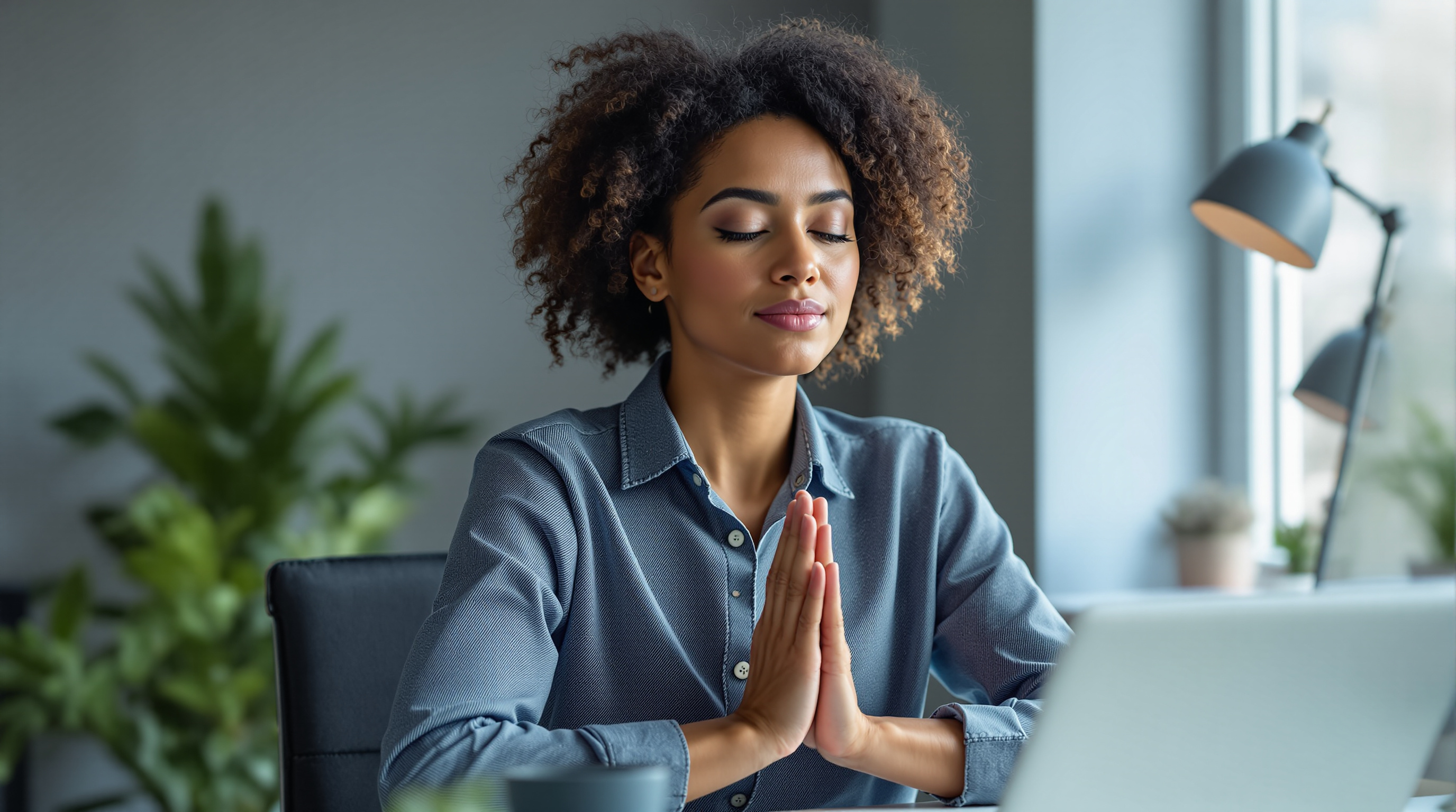 A composed professional practicing focused breathing at a tidy desk in soft window light