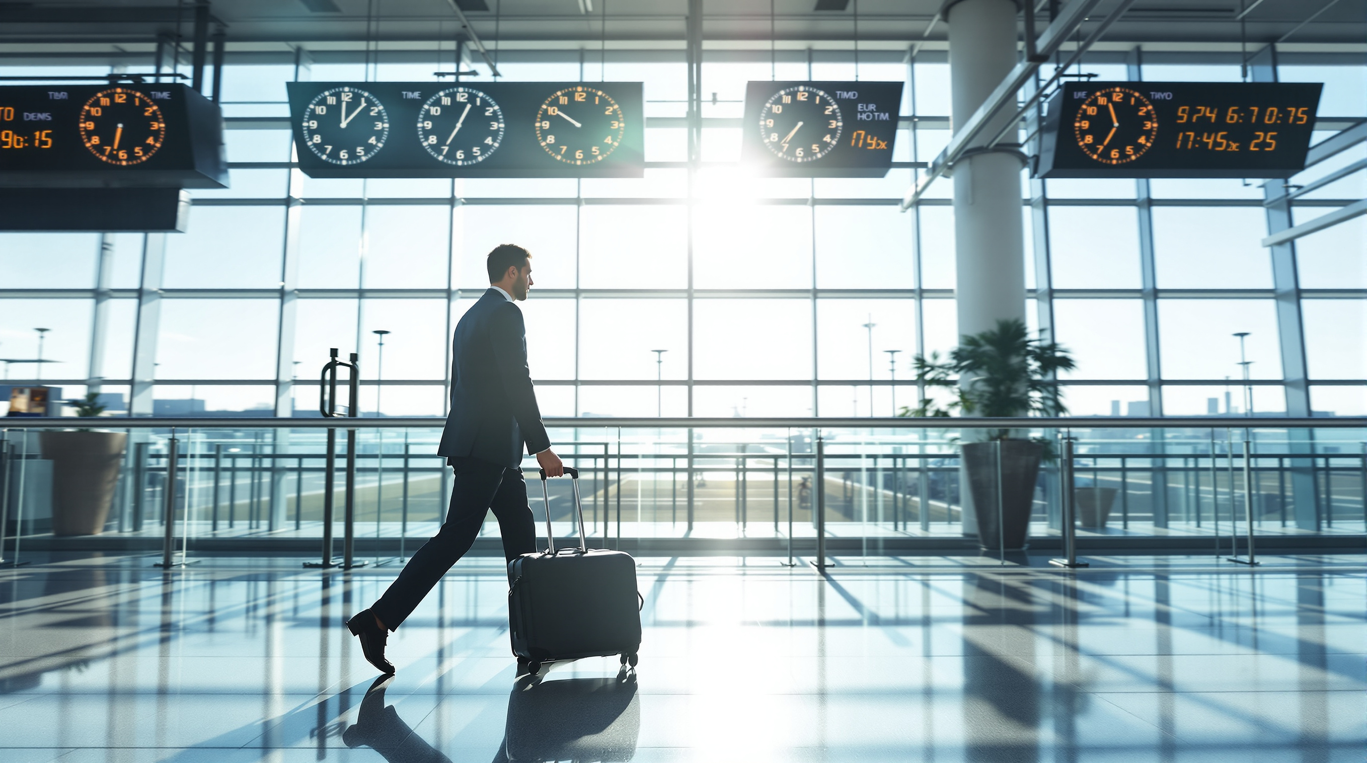 A business traveler walking through a sunlit modern airport terminal at dawn